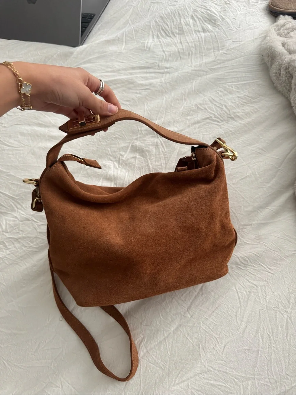 Claudia Canova genuine leather Brown Suede Shoulder Bag with Gold Hardware